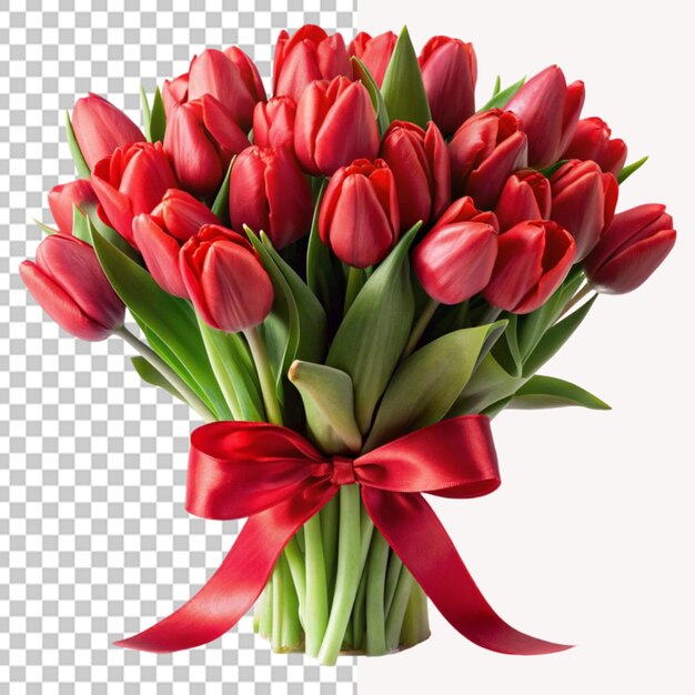 PSD bouquet of red tulips with red ribbion on transparent background