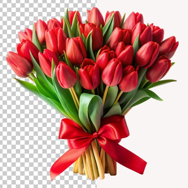 PSD bouquet of red tulips with red ribbion on transparent background