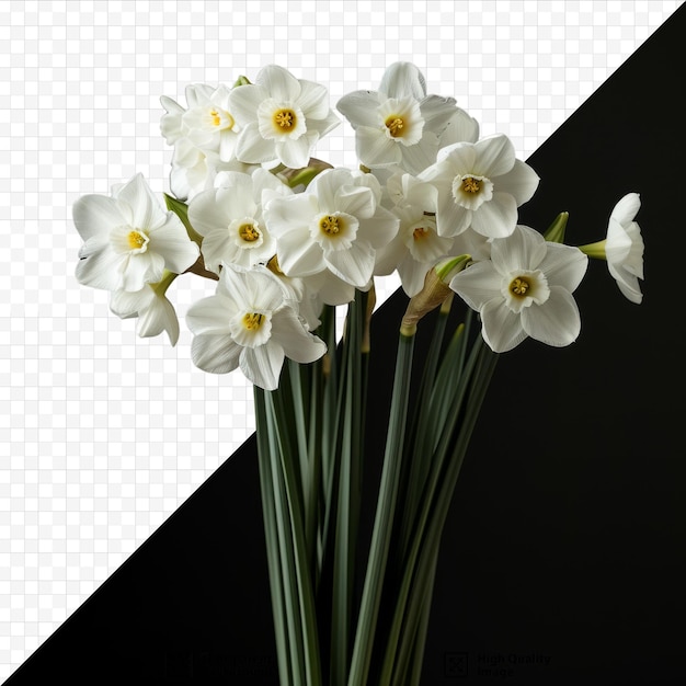 PSD a bouquet of white fresh narcissus on a black isolated background