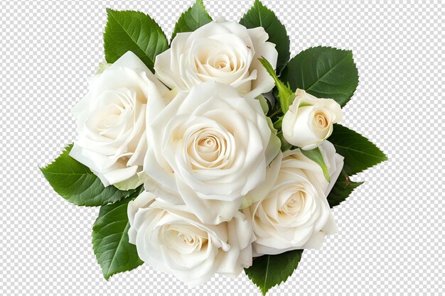 PSD a bouquet of white roses with green leaves and a white background