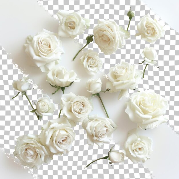 PSD a bouquet of white roses with the word  i love you  on a checkered background