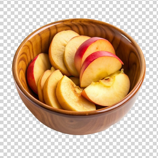 A bowl of apple slices with a whole apple in the middle on transparent background