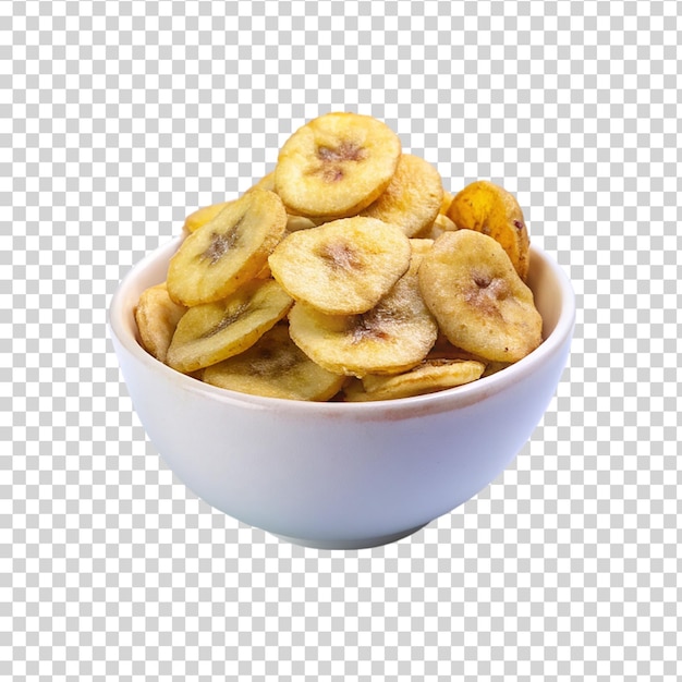 A bowl of banana chips on transparent background