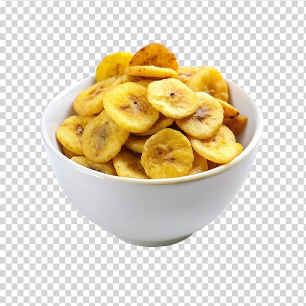 A bowl of banana chips on transparent background