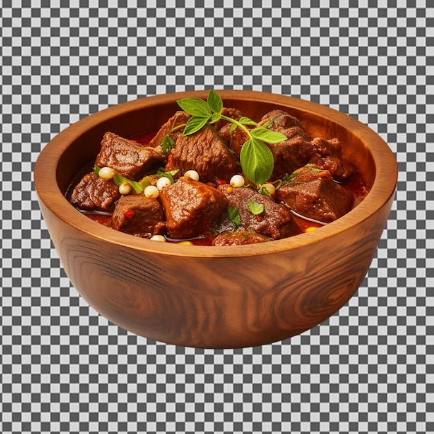 PSD a bowl of beef stew with a green leaf on the side