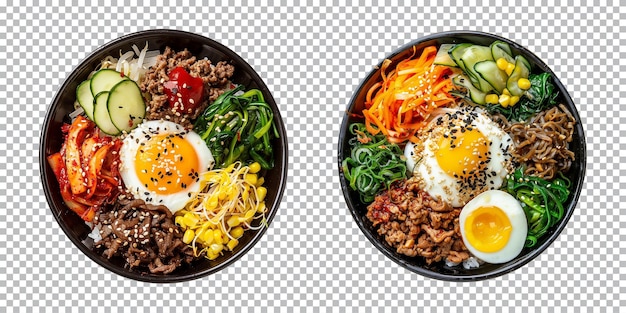 bowl of Bibimbap Korean mixed rice isolated on a transparent background top view cut out PNG