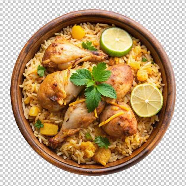 bowl of biryani with chicken pieces and a lemon to