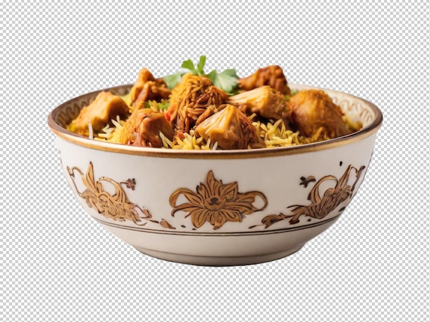 PSD a bowl of biryani with chicken pieces on a transparent background