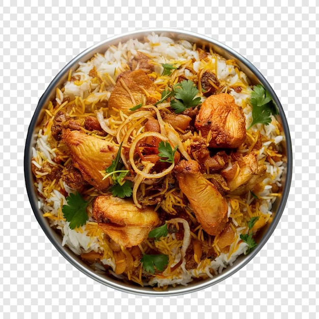 A bowl of biryani with chicken pieces on a transparent background