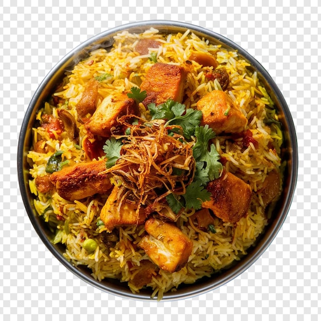 PSD a bowl of biryani with chicken pieces on a transparent background