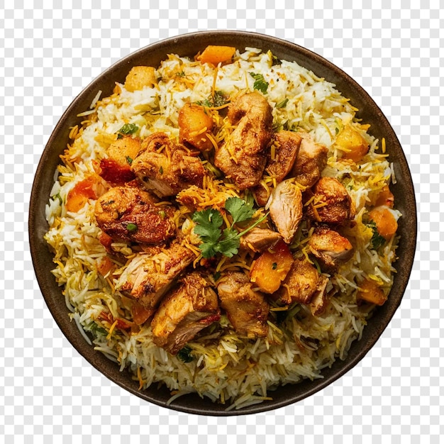 A bowl of biryani with chicken pieces on a transparent background