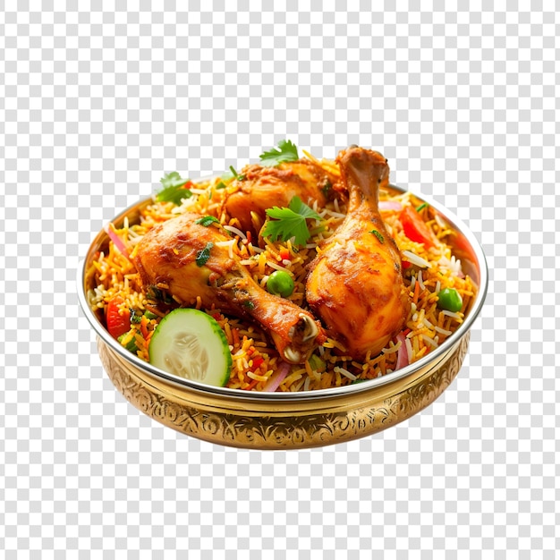 PSD a bowl of biryani with chicken pieces on a transparent background