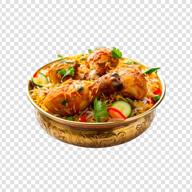 PSD a bowl of biryani with chicken pieces on a transparent background