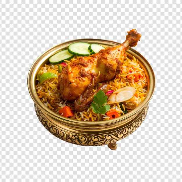 PSD a bowl of biryani with chicken pieces on a transparent background