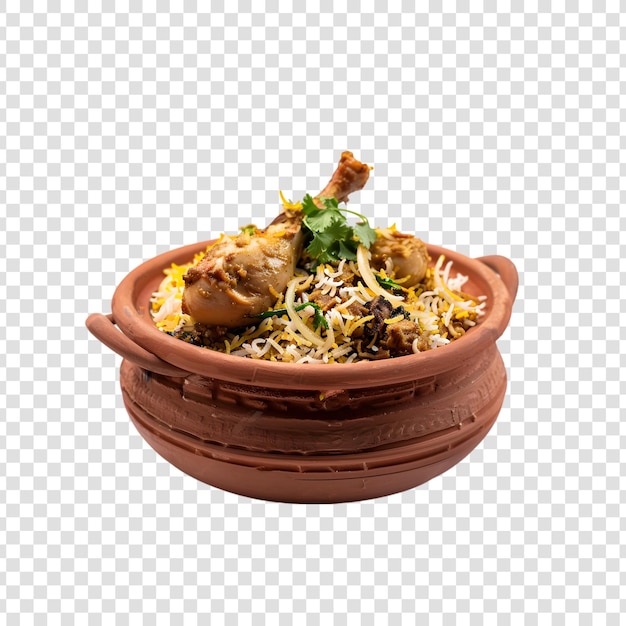 PSD a bowl of biryani with chicken pieces on a transparent background