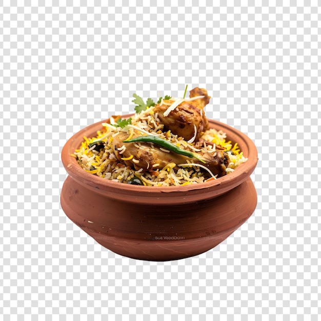 PSD a bowl of biryani with chicken pieces on a transparent background