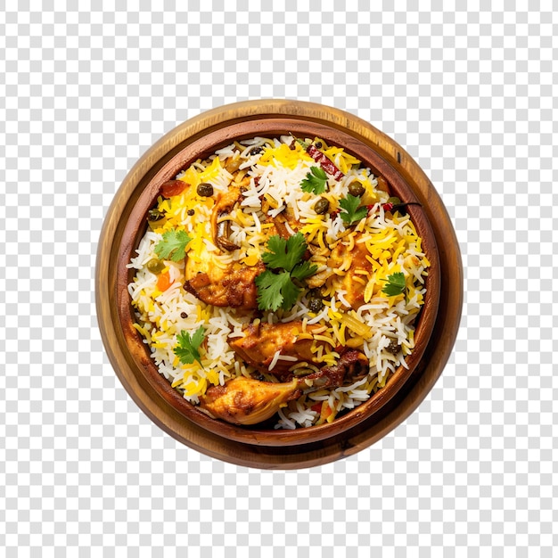 PSD a bowl of biryani with chicken pieces on a transparent background