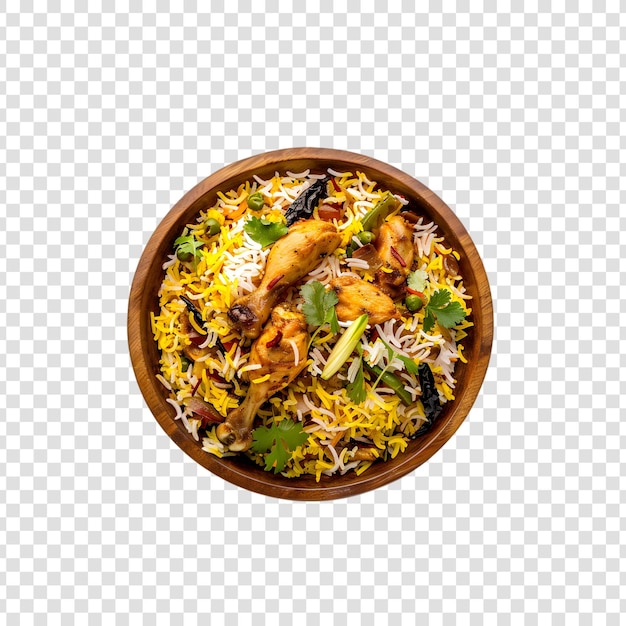 PSD a bowl of biryani with chicken pieces on a transparent background