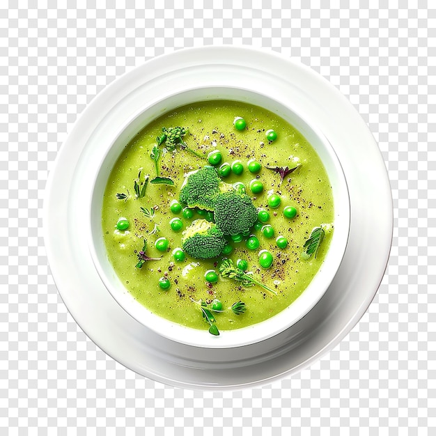 Bowl of broccoli and green peas cream soup on a transparent background