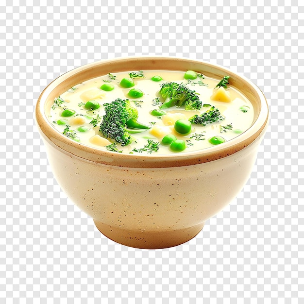 Bowl of broccoli and green peas cream soup on a transparent background