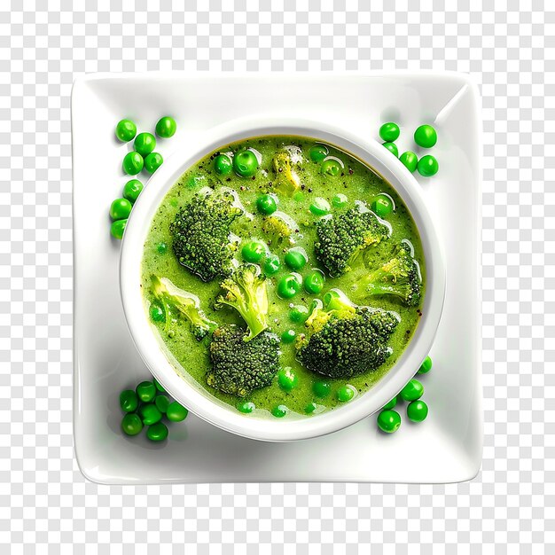 Bowl of broccoli and green peas cream soup on a transparent background