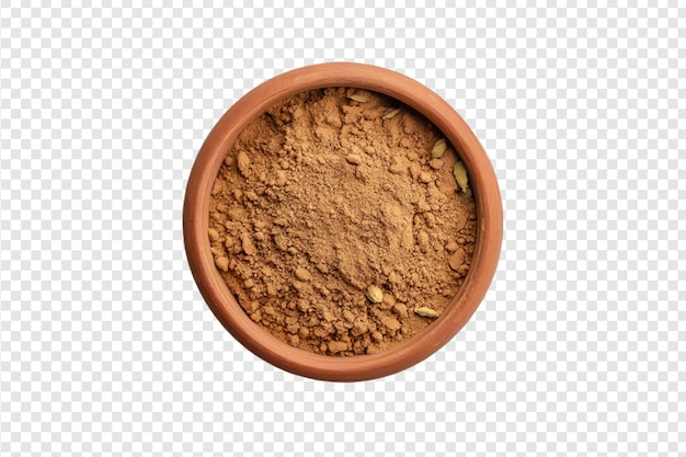 Bowl of cardamom powder with seeds isolated on a transparent background