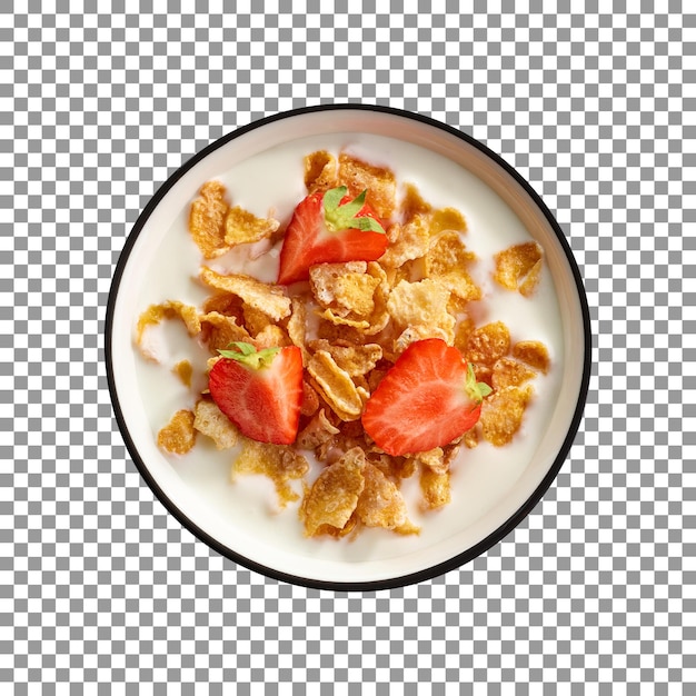 A bowl of cereal in milk with berries isolated on transparent background