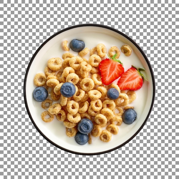 A bowl of cereal in milk with blueberries on transparent background