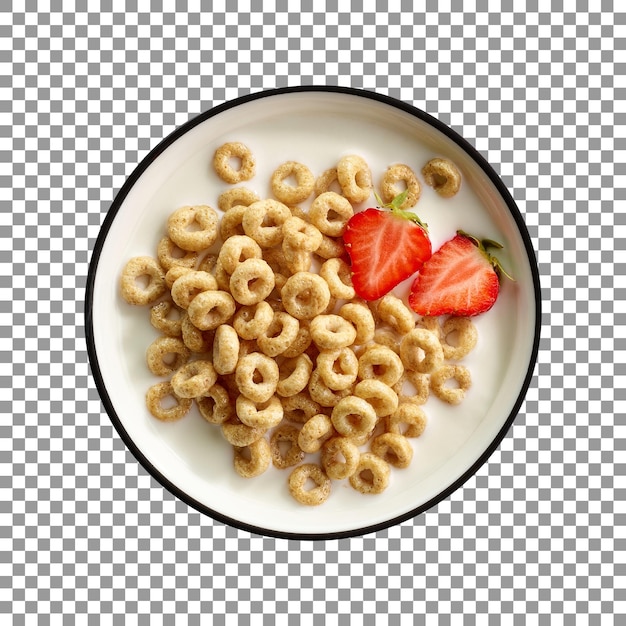 A bowl of cereal in milk with strawberry isolated on transparent background