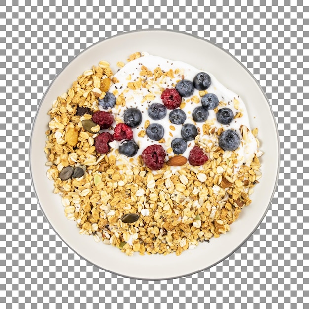 Bowl of cereal with berries and yogurt on transparent background