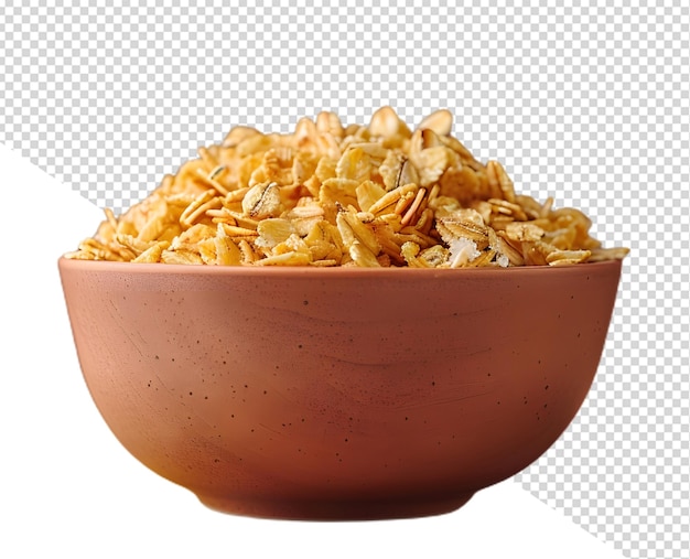 a bowl of cereal with a white background with a red bowl with nuts in it