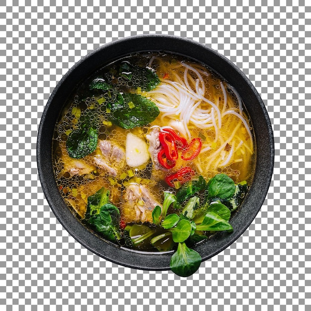 Bowl of chicken soup with noodles and vegetables on transparent background