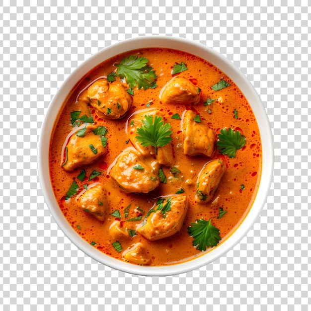 A bowl of chicken tikka curry with sauce on a transparent background