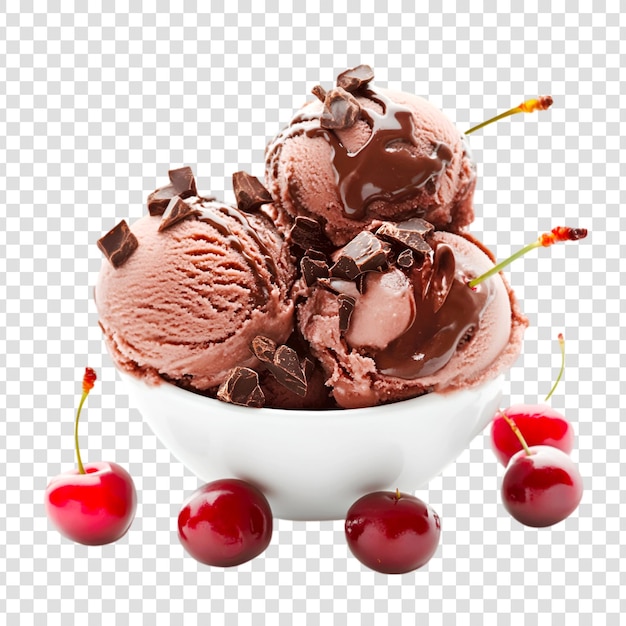 A bowl of chocolate ice cream with cherry on a transparent background