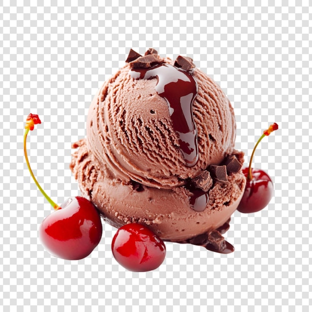 A bowl of chocolate ice cream with cherry on a transparent background