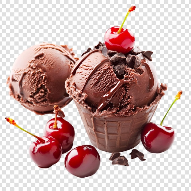 A bowl of chocolate ice cream with cherry on a transparent background