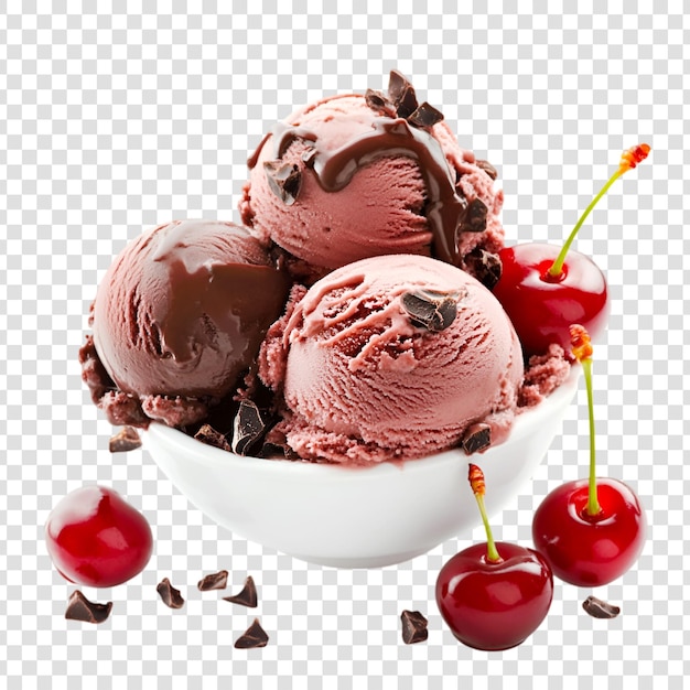 A bowl of chocolate ice cream with cherry on a transparent background