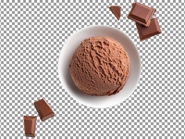 A bowl of chocolate ice cream with chocolate pieces on transparent background