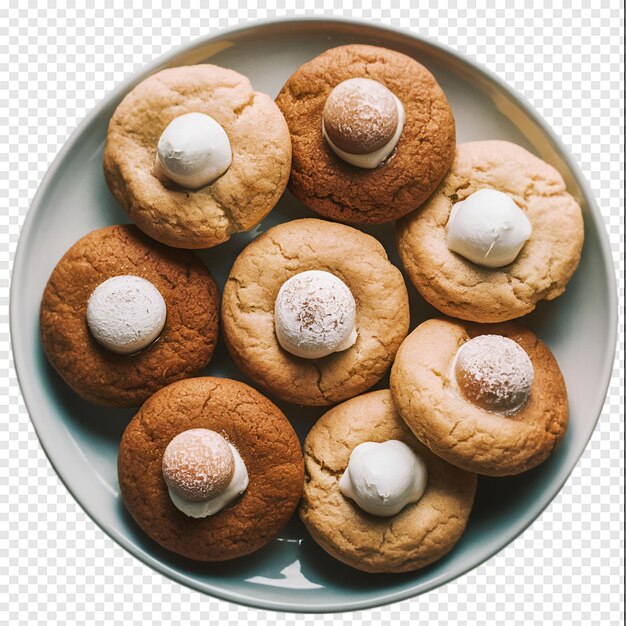 a bowl of cookies with chocolate and vanilla frosting