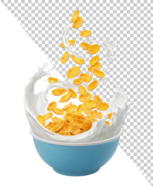 Bowl of corn flakes with milk splash isolated