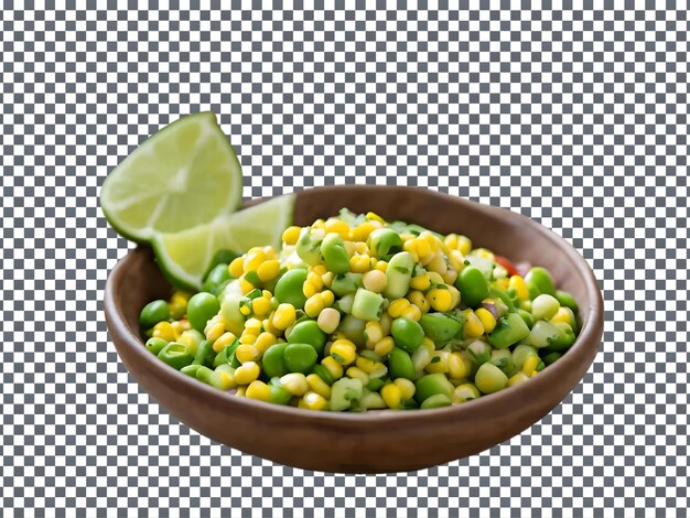 PSD bowl of corn and a lime are shown with a slice of lime