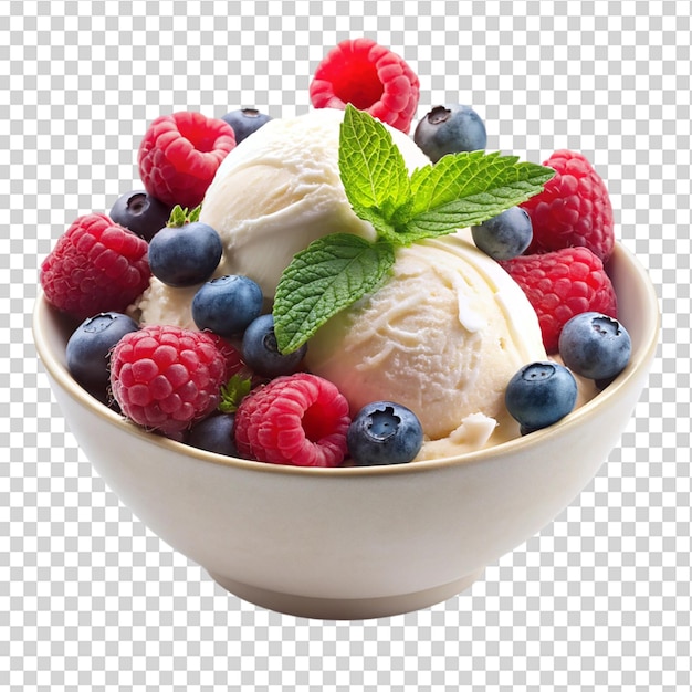 PSD bowl of creamy ice cream topped with fresh raspberries and blueberries on transparent background