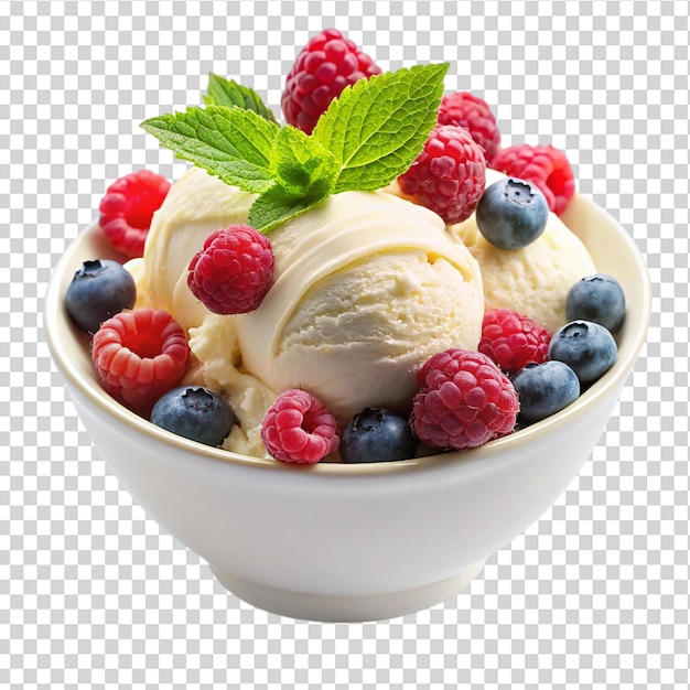 PSD bowl of creamy ice cream topped with fresh raspberries and blueberries on transparent background