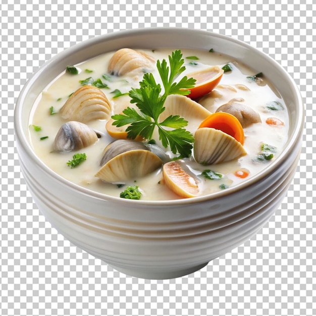 a bowl of creamy new england clam chowder with on transparent background