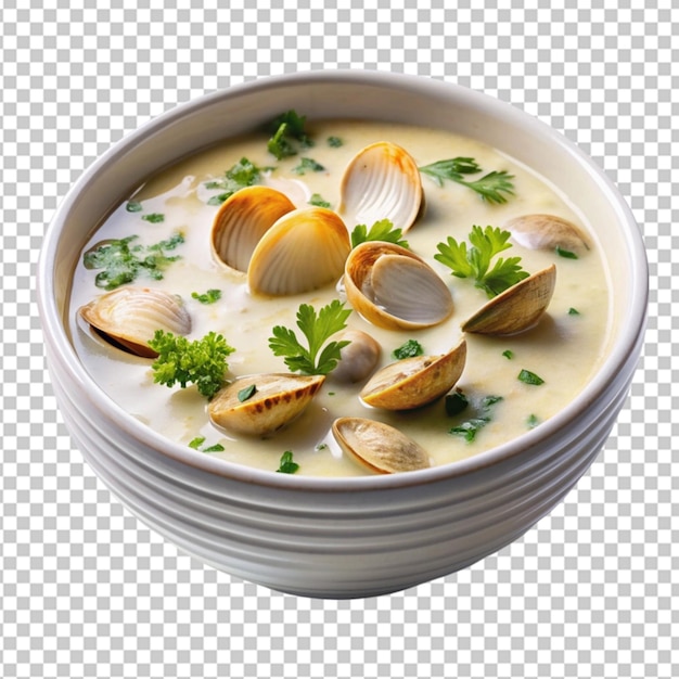 a bowl of creamy new england clam chowder with on transparent background