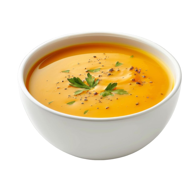 A bowl of creamy orange soup with parsley garnish and black pepper