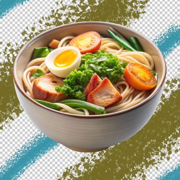 Bowl of delicious noodles with broth and vegetables isolated on white top view