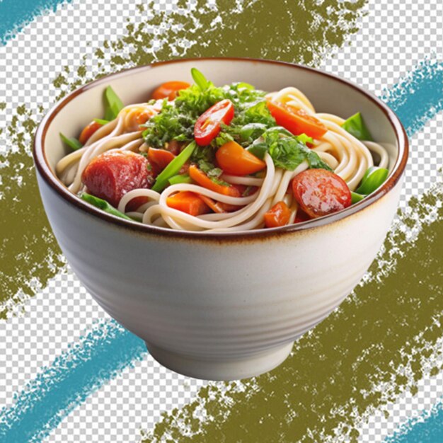 PSD bowl of delicious noodles with broth and vegetables isolated on white top view