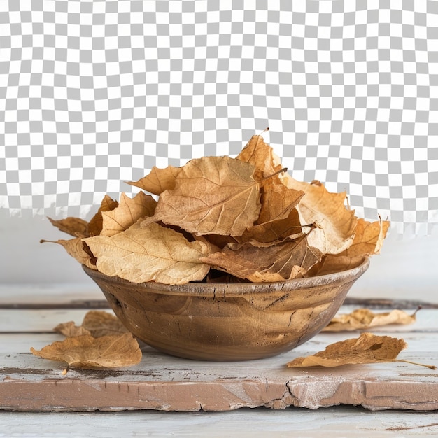 a bowl of dried leaves sits on a table with a checkered background