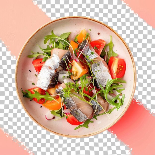 PSD a bowl of fish vegetables and fish are on a checkered tablecloth